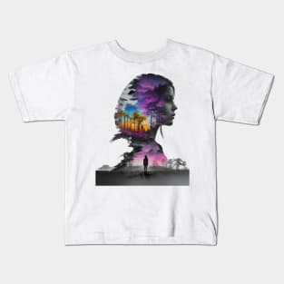 Ethereal Woman Silhouette Blending With Surreal Sunset Landscape in Monochrome Shades Kids T-Shirt
